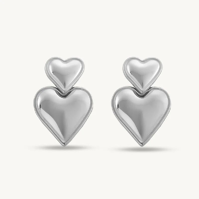 Women statement earrings -Double Heart Silver Drop Earrings