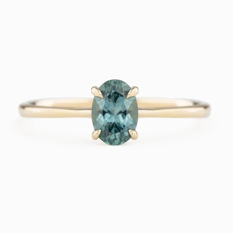 Silver engagement rings for women -Nina Ring 6.5x4.5mm 0.75ct Light Green Blue Oval Montana Sapphire, 14k Yellow Gold