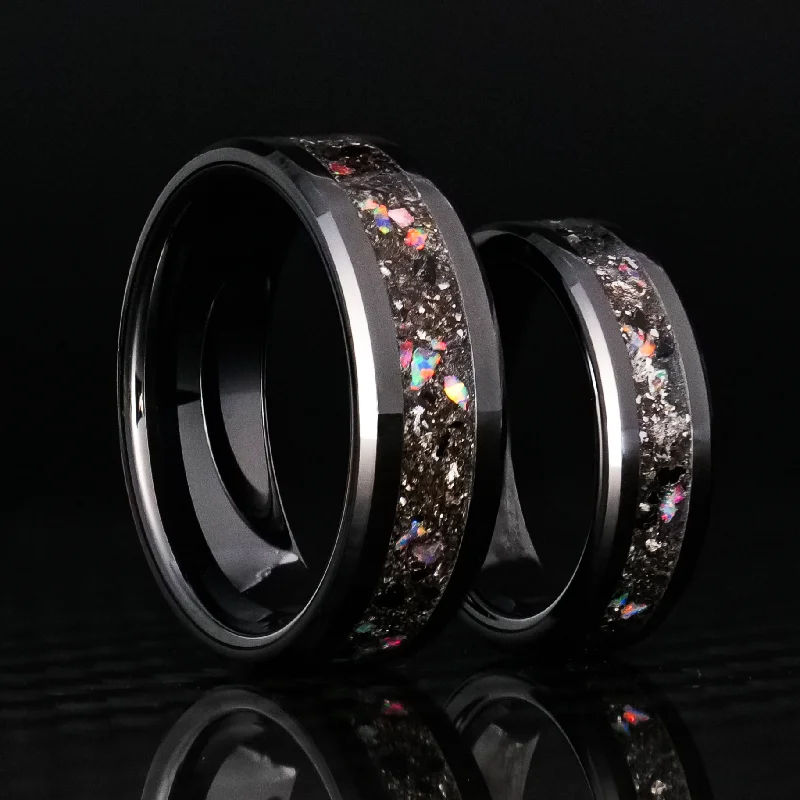 Women engraved rings -Matching Black Tourmaline Glowstone Ring on Black Ceramic