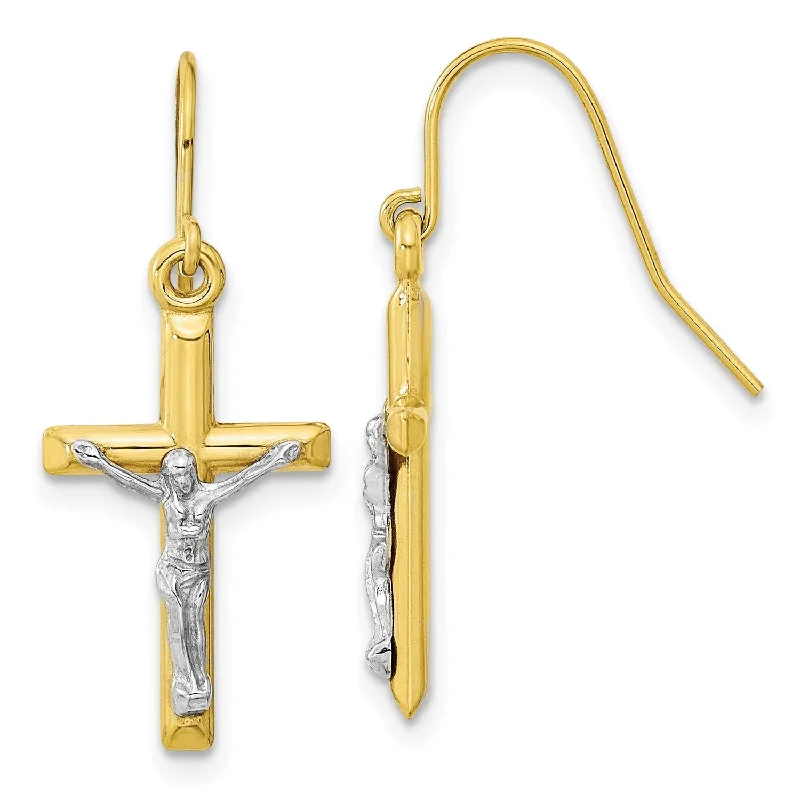 Women clip-on earrings -10KT White and Yellow Gold 28X11MM Drop & Dangle Crucifix Cross Earrings