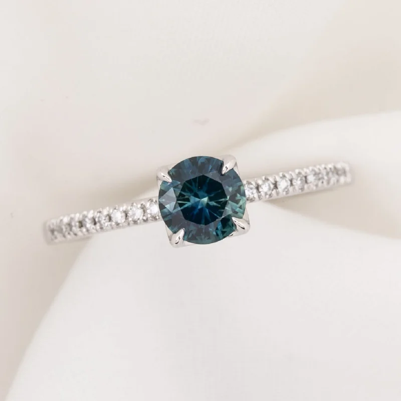 Beaded charm engagement rings for women -Maria Ring 0.75ct Blue Green Montana Sapphire, 14k White Gold (One of a kind)