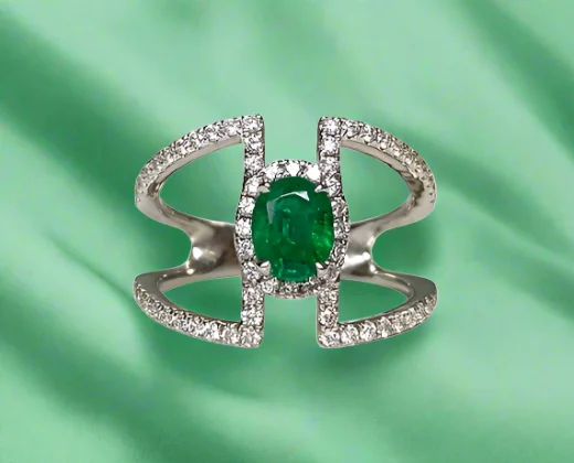 Women diamond rings -Alaina 0.78 Carats Oval Cut Emerald Gemstone Ring in 18K White Gold By Mike Nekta NYC