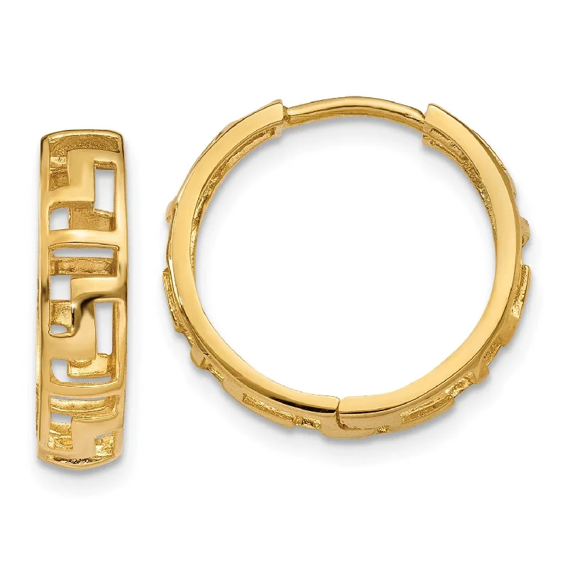 Women floral stud earrings -14KT Yellow Gold 15X4MM Greek Key Hoop Earrings