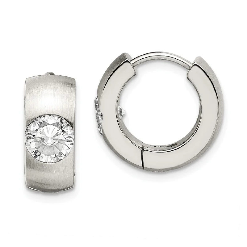 Women floral stud earrings -Stainless Steel CZ Brushed & Polished Round Hinged Hoop Earrings