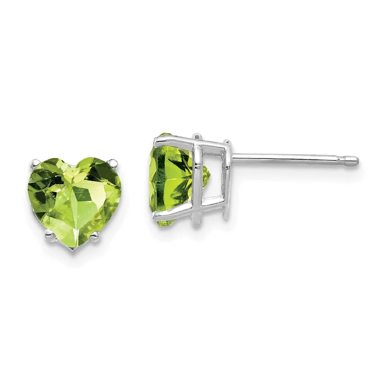 Women silver hoop earrings -7MM Heart Shape Peridot Stud Earrings in 14KT White Gold