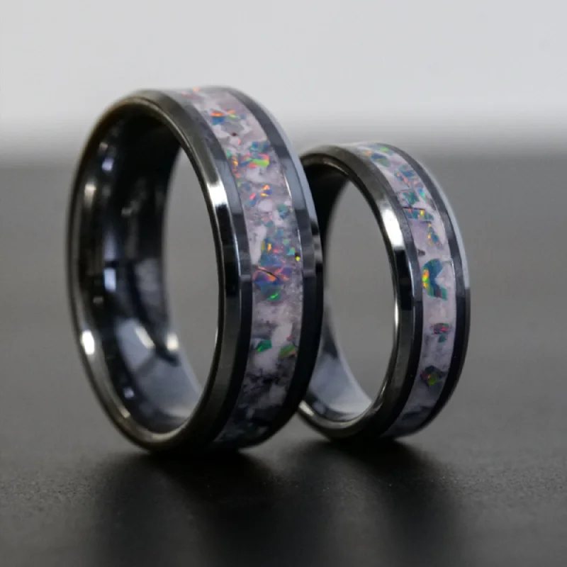 Women geometric rings -Matching Cosmic Glowstone Wedding Ring Set in Tungsten