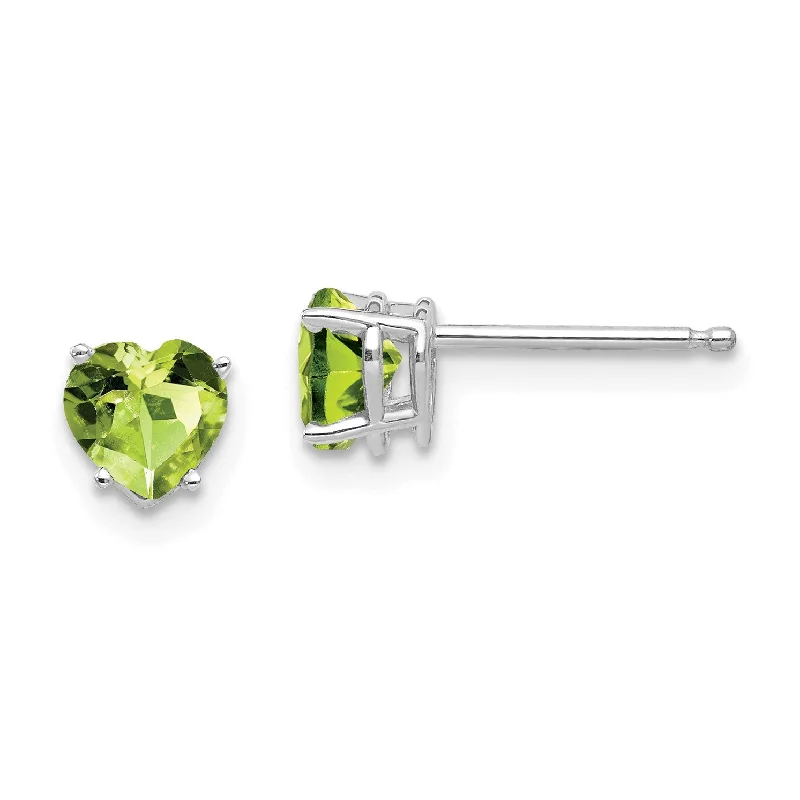 Women gold stud earrings -5MM Heart Shape Peridot Stud Earrings in 14KT White Gold