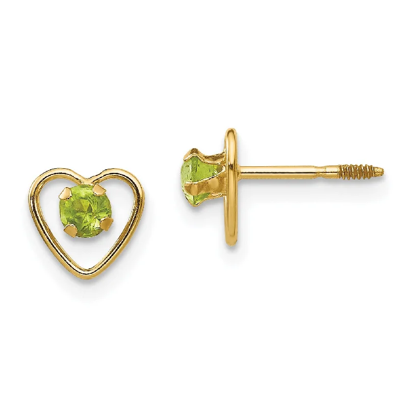 Women personalized earrings -14KT Yellow Gold 3MM Round Peridot 6MM Heart Childrens Birthstone Stud Earrings