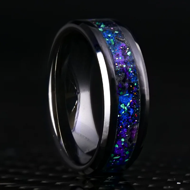 Women silver stacking rings -Radiant Deep Space Black Ceramic Glowstone Ring