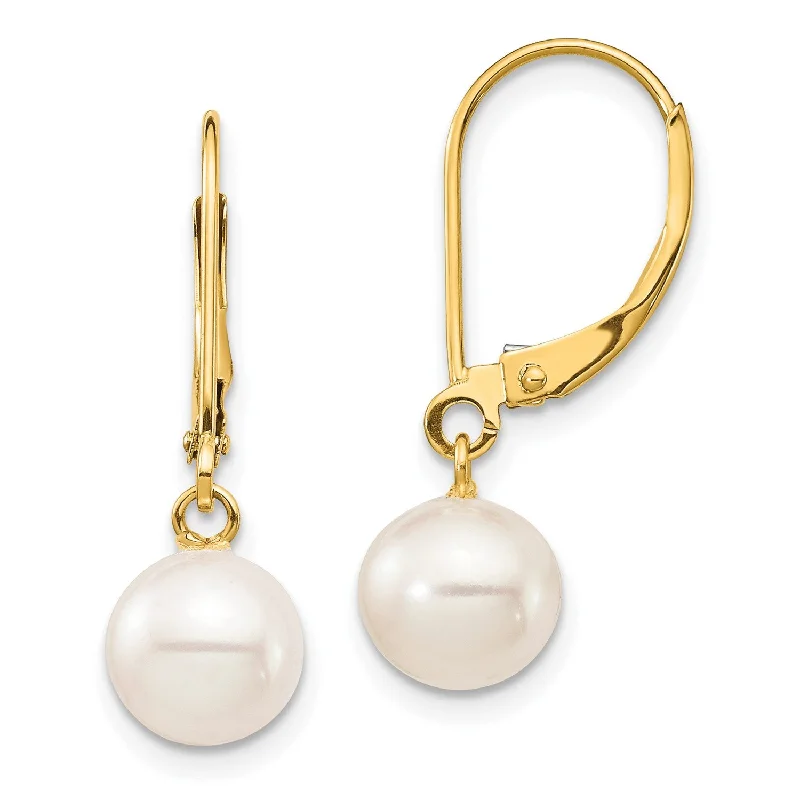 Women gemstone hoop earrings -7MM Round Pearl Leverback Earrings in 14KT Yellow Gold