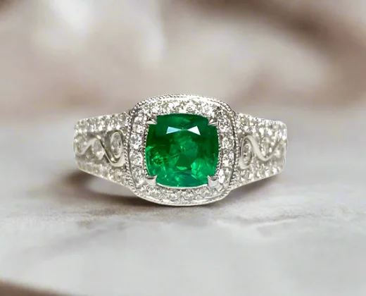 Women stacking gemstone rings -Aspen 1.14 Carats Cushion Cut Emerald Gemstone Ring in 18K White Gold By Mike Nekta NYC