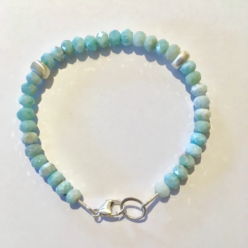 Women sleek bangles and bracelets -Faceted Larimar and Brushed Sterling Silver Bracelet