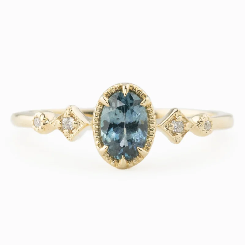 Floral charm engagement rings for women -Stella Ring 6x4mm 0.60ct Teal Blue Montana Sapphire