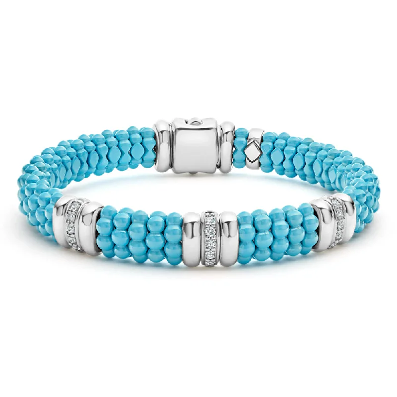 Women trendy stackable bangles and bracelets -Lagos Blue Caviar Three Station Ceramic Diamond Bracelet