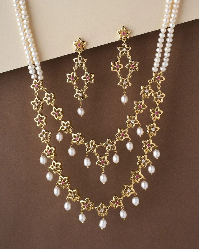 Delicate necklaces for women -The Scotch Mist- Golden Embellished Pearl Necklace Set