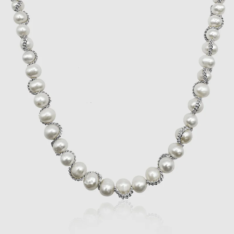 Diamond-encrusted necklaces for women -Chain Wrap Real Pearl Necklace (Silver)