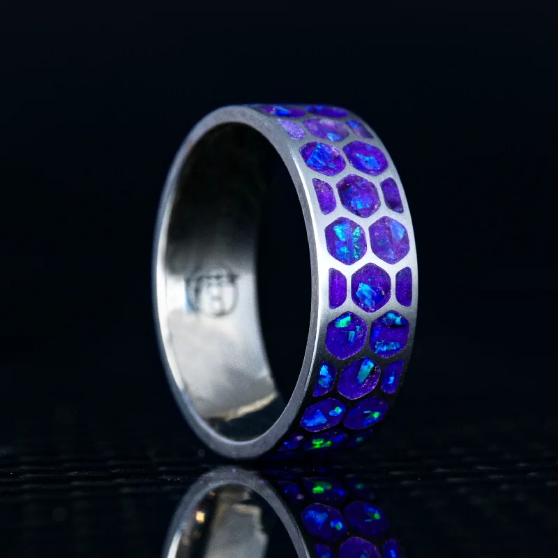 Women floral rings -Hexagon Lavender Opal Glowstone Ring on Titanium