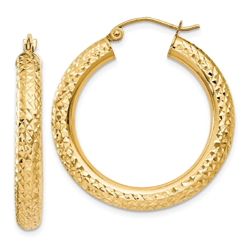 Women teardrop earrings -14KT Yellow Gold 30X4MM Diamond-cut Hoop Earrings