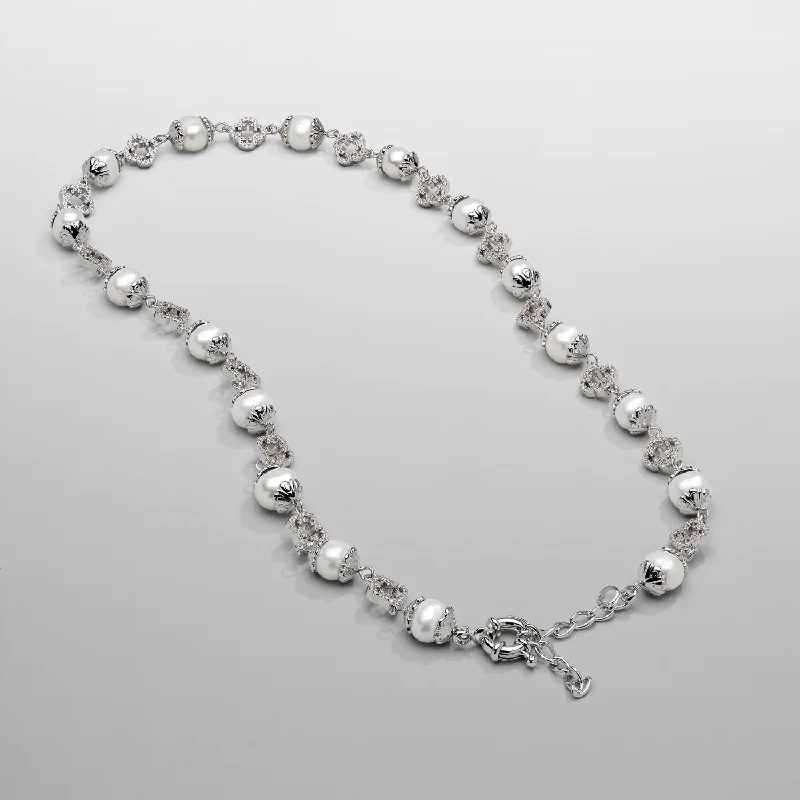 Trendy statement necklaces for women -Filigree Real Pearl Necklace (Silver)