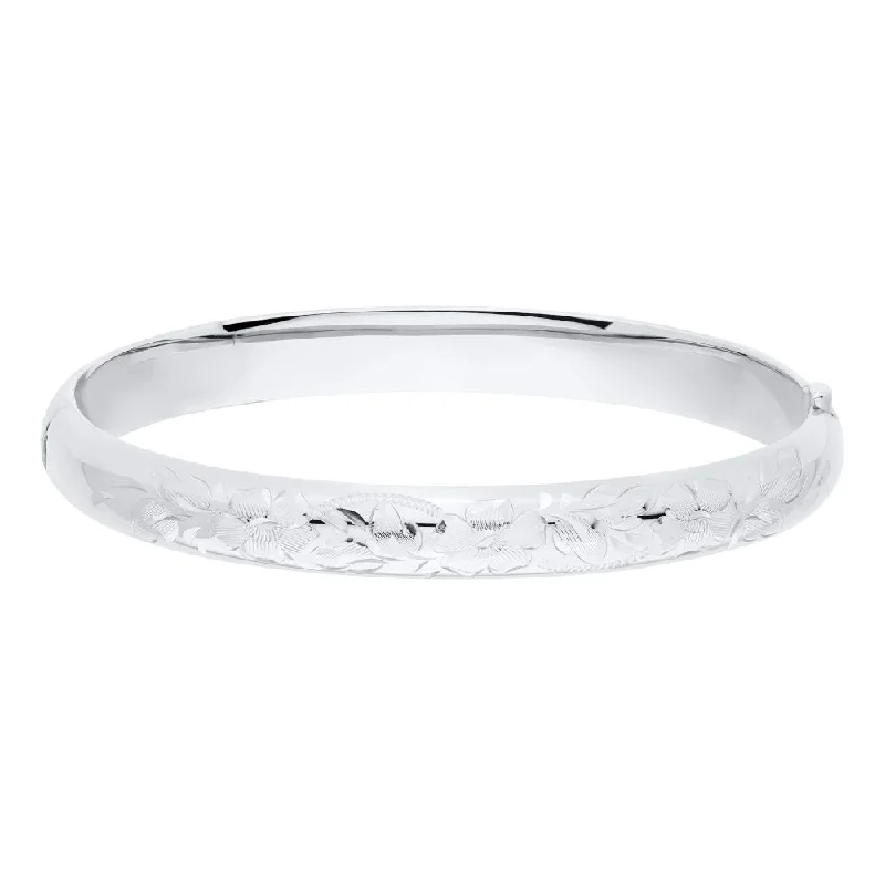 Women luxury bangles and bracelets -Sterling Silver Floral Engraved Bangle Bracelet