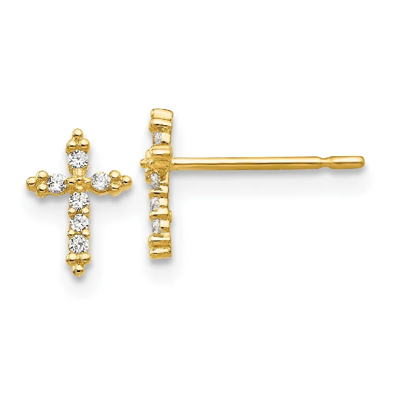 Women custom earrings -14KT Yellow Gold Cubic Zirconia 8X6MM Childrens Cross Stud Earrings