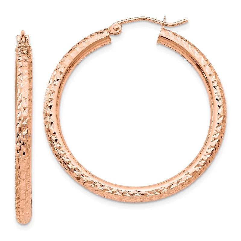 Women hoop earrings -14KT Rose Gold 35X3MM Hoop Diamond-cut Earrings