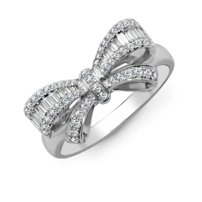 Dafty engagement rings for women -18ct White Gold 0.46ct Diamond R.B.C & Baguette Bow Ring