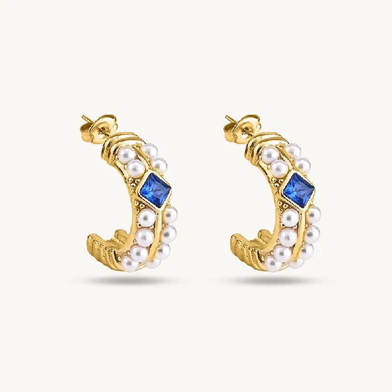 Women dangling gemstone earrings -Classic Pearl and Sapphire Gold Hoop Earrings