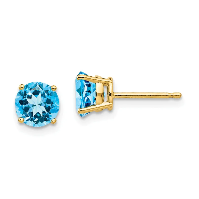 Women minimalist earrings -6MM Round Swiss Blue Topaz Stud Earrings in 14KT Yellow Gold