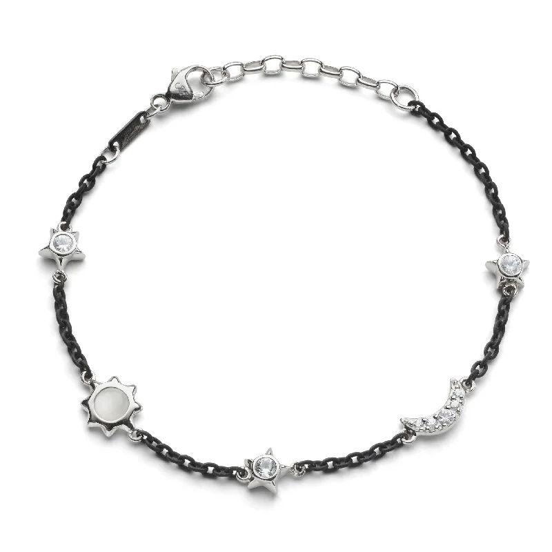 Women double-layered bangles and bracelets -Sun, Moon and Stars Moonstone and White Sapphire Steel Chain Bracelet