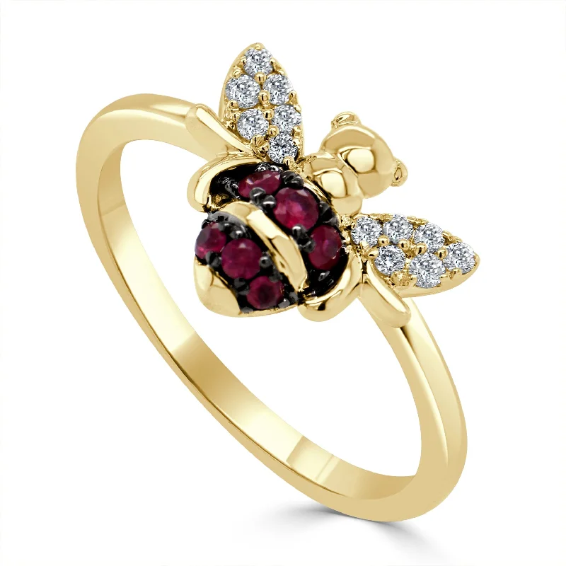 Women fashionable gemstone rings -14k Gold Ruby & Diamond Bumble Bee Ring