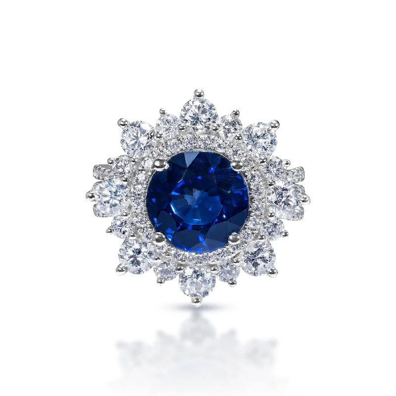 Women fashionable gemstone rings -Evie 7 Carats Round Brilliant Blue Sapphire Ring in 18k White Gold