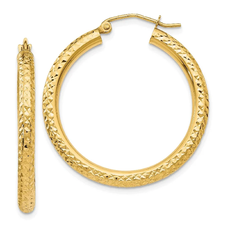 Women statement drop earrings -14KT Yellow Gold 30X3MM Diamond-cut Hoop Earrings