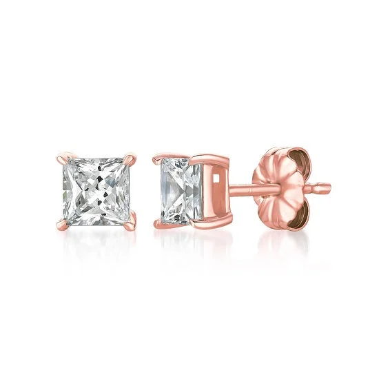 Women vintage earrings -Crislu 18KT Rose Gold Plated Sterling Silver Princess Cut Cubic Zirconia Stud Earrings