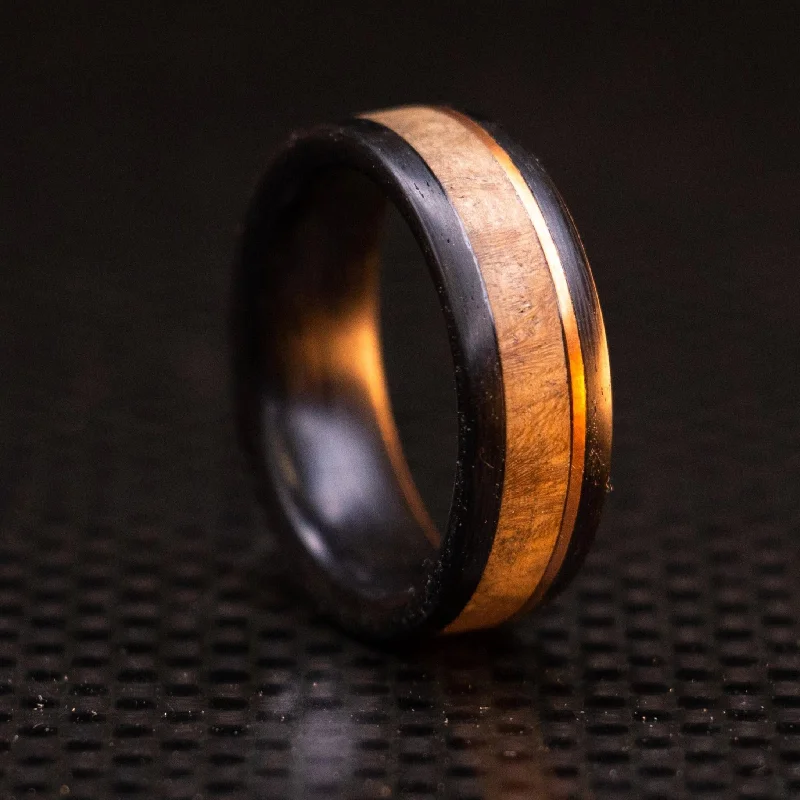 Women solitaire diamond rings -Carbon Fiber, Gold, and Wood Ring