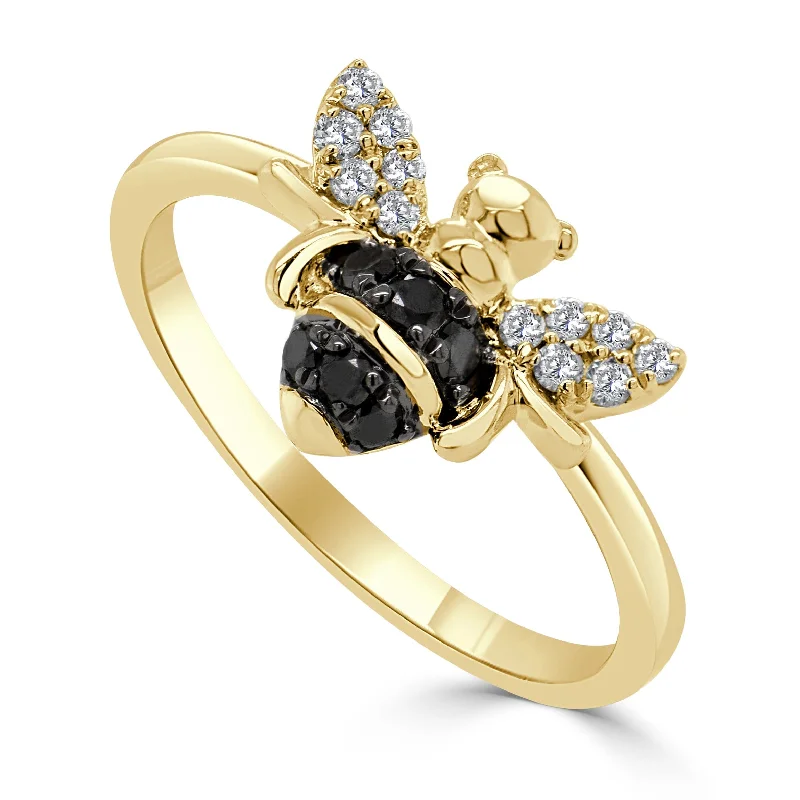 Diamond rings for women -14k Gold Black & White Diamond Bumble Bee Ring