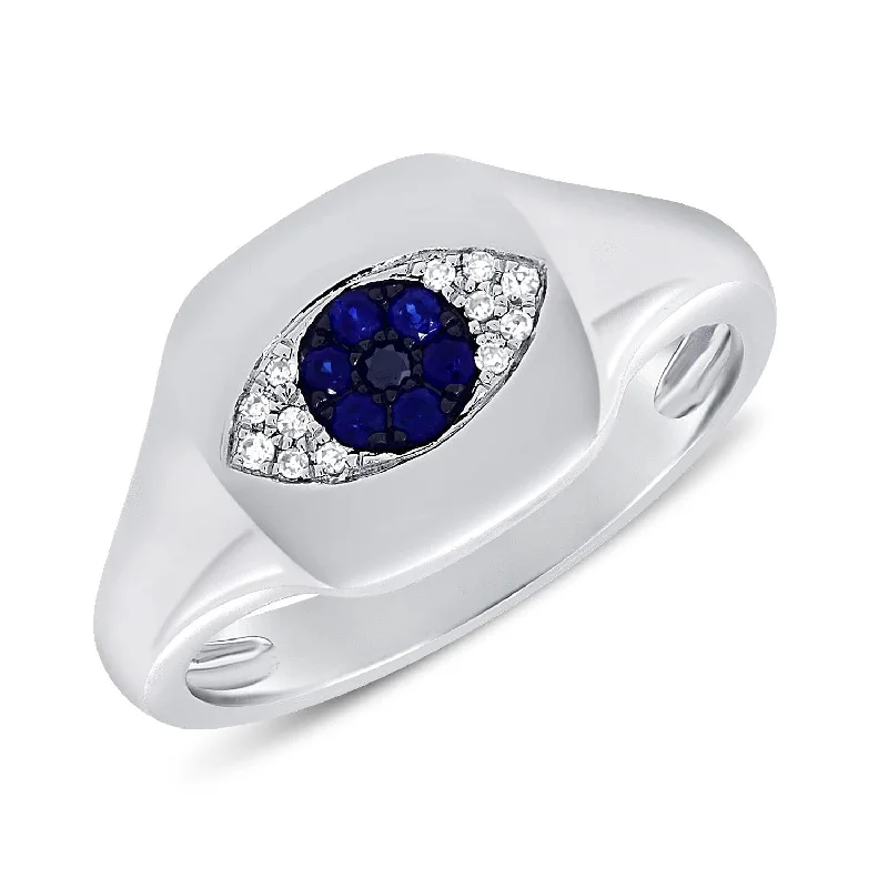 Women personalized gemstone rings -14k Gold Diamond & Sapphire Evil Eye Ring