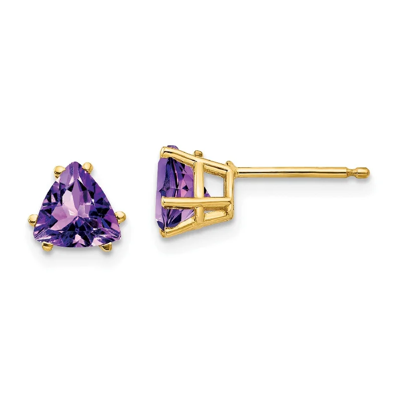 Women layered earrings -6MM Trillion Amethyst Stud Earrings in 14KT Yellow Gold