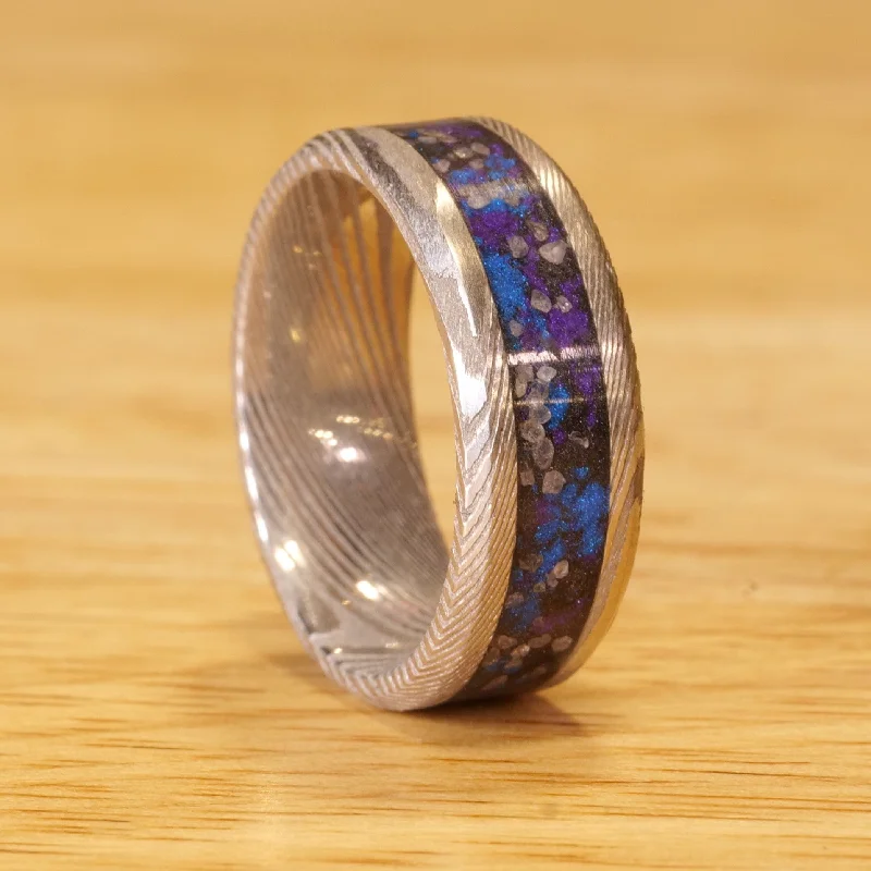 Women three-stone rings -The Nebula Twist Damascus Glowstone Ring