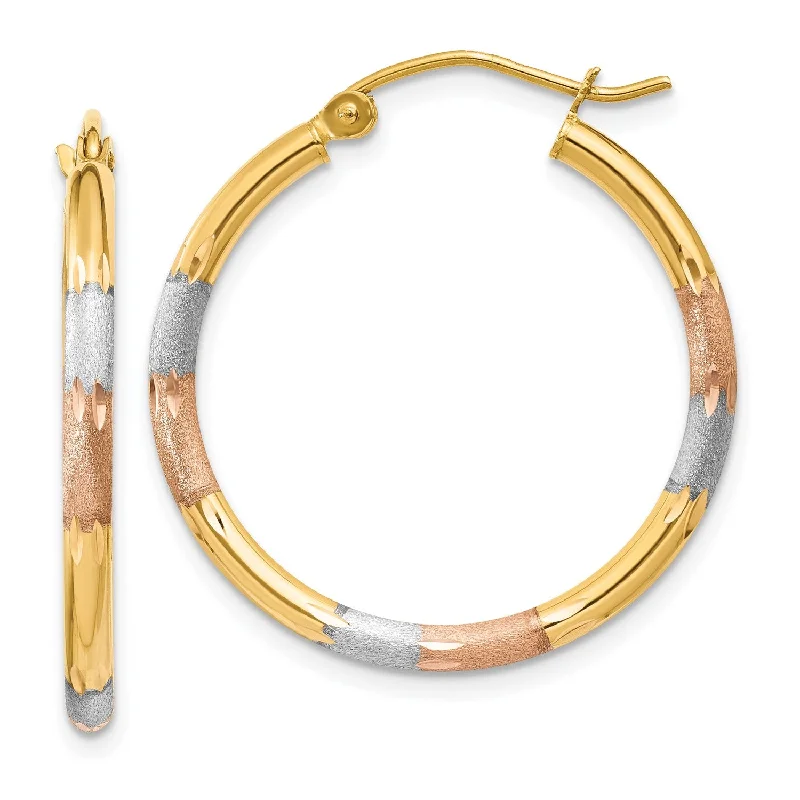 Women luxury earrings -14KT Gold Tri-Color 22X2MM Diamond-cut Hoop Earrings