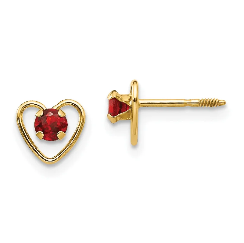 Women statement gemstone earrings -14KT Yellow Gold 3MM Round Garnet 6MM Heart Childrens Birthstone Earrings