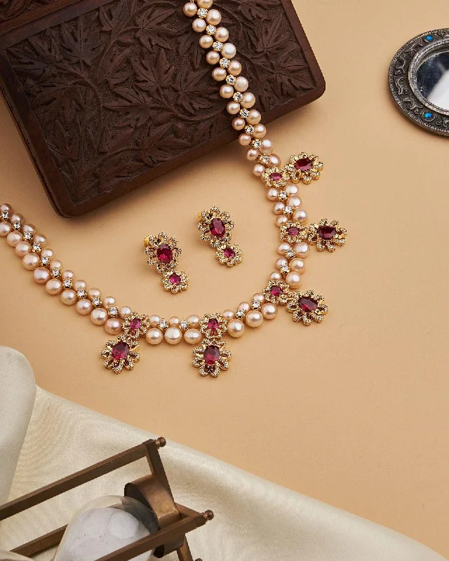 Pendant necklaces for women -Rose Gold Pearl and Red Stone Necklace Set