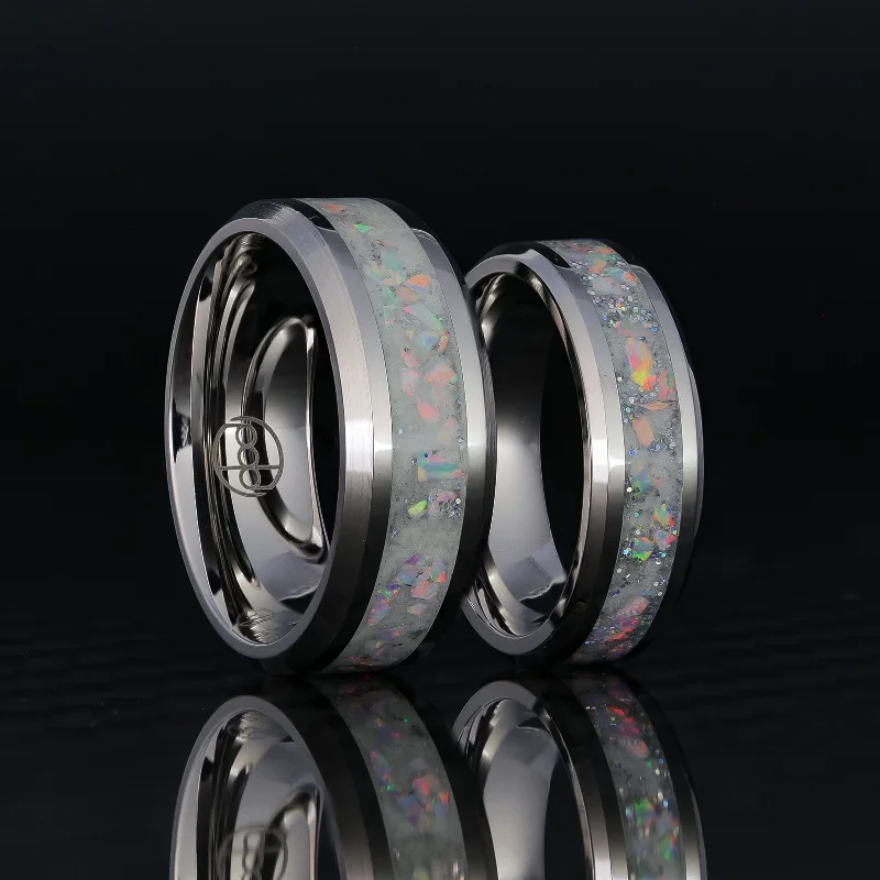 Women luxury wedding rings -Matching Radiant Pearl Opal Glowstone Wedding Ring Set