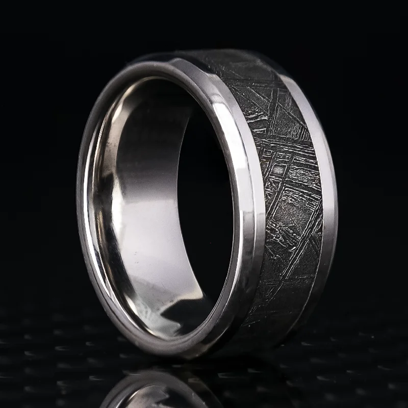 Women contemporary rings -Platinum Ring with Meteorite Inlay