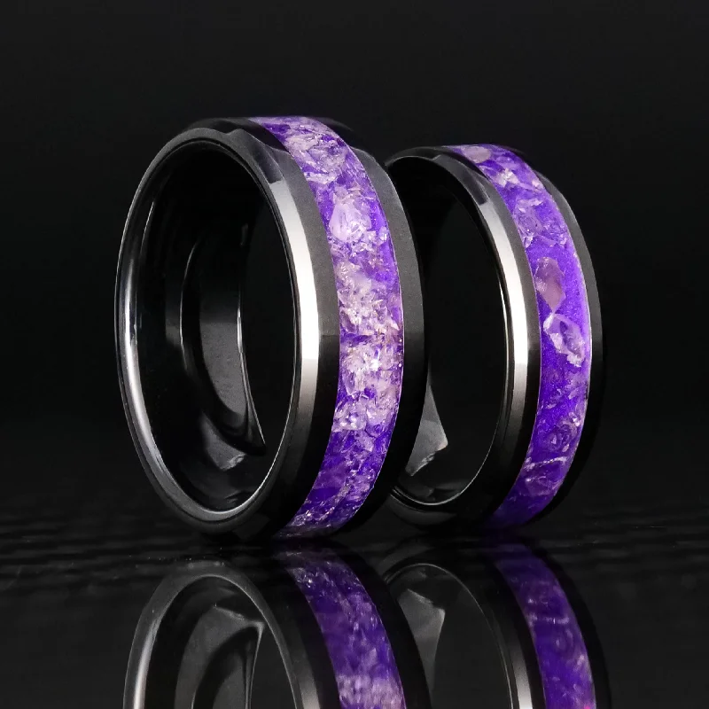 Women birthstone rings -Matching Amethyst Glowstone Ring on Black Ceramic