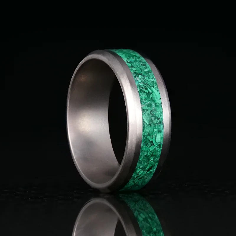 Women silver engagement rings -Malachite Glowstone Ring on Titanium