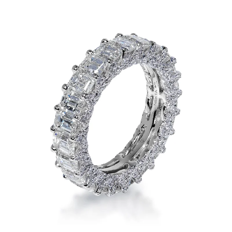 Women double band rings -Megan 5 Carat Emerald Cut Diamond Eternity Band in 14 Karat White Gold Shared Prong