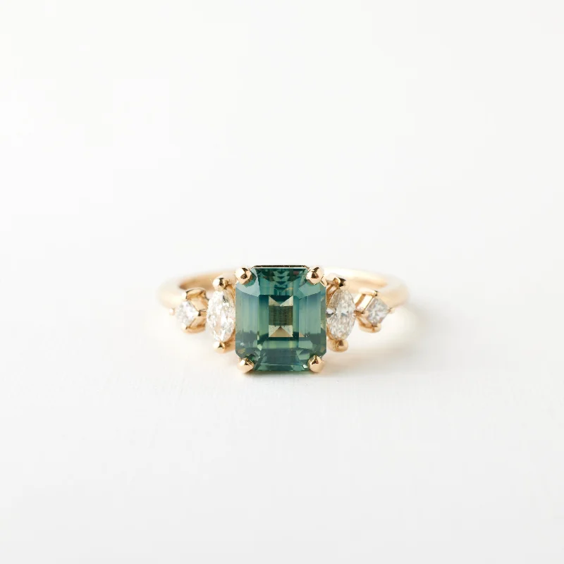 Pearl and gold engagement rings for women -Julia Ring - 2.73 Carat Minty Teal Emerald Cut Sapphire