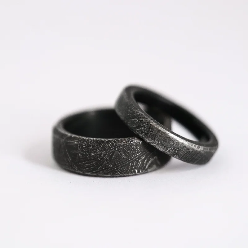 Women silver rings -Matching Meteorite Wedding Bands