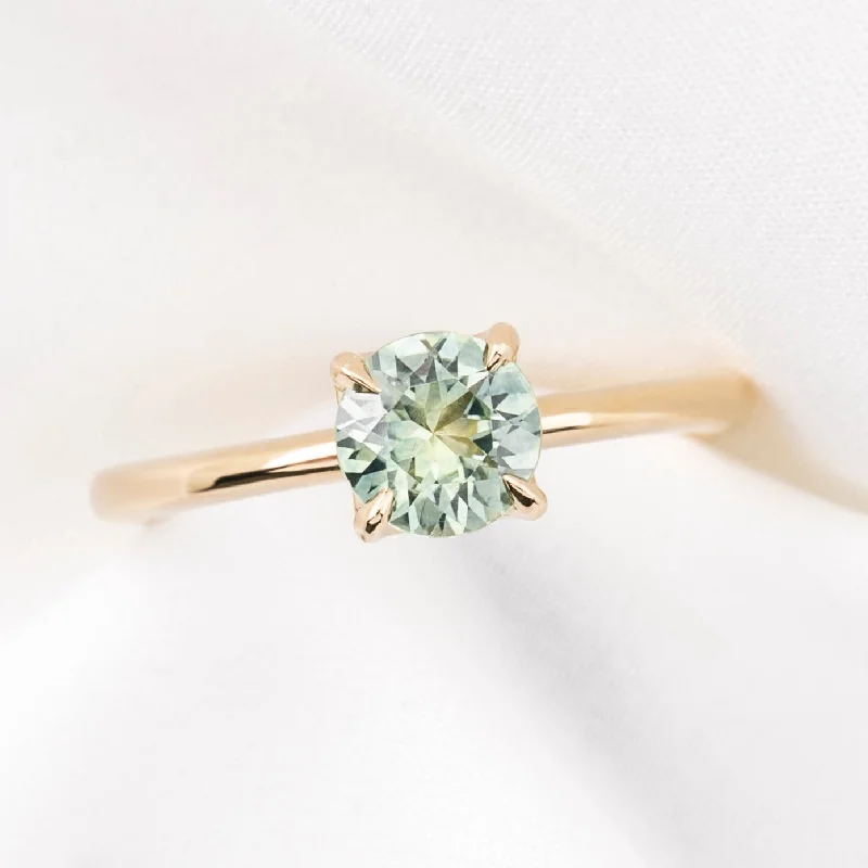 Engraved gemstone engagement rings for women -Sara Ring 0.95ct Light Aqua Blue Green Montana Sapphire, 14k Yellow Gold (One of a kind)